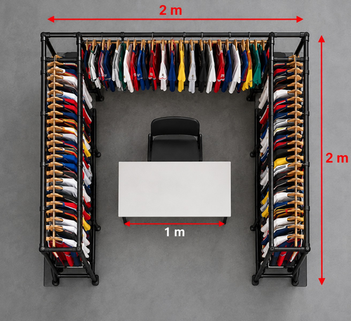 Top view of a U-shaped jersey stand space, 2 by 2 metres, with table included; jersey stands not included